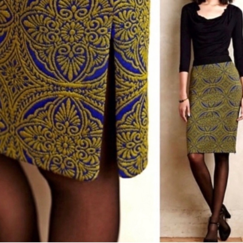 Anthropologie Olive and Navy Patterned Pencil Skirt - Picture 2 of 5